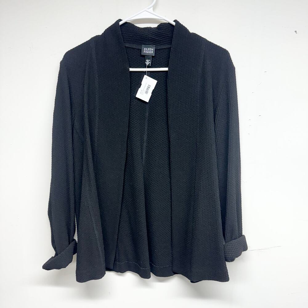 EILEEN‎ FISHER Women Knit Jacket Open front Black- Brown Cotton Blend Medium